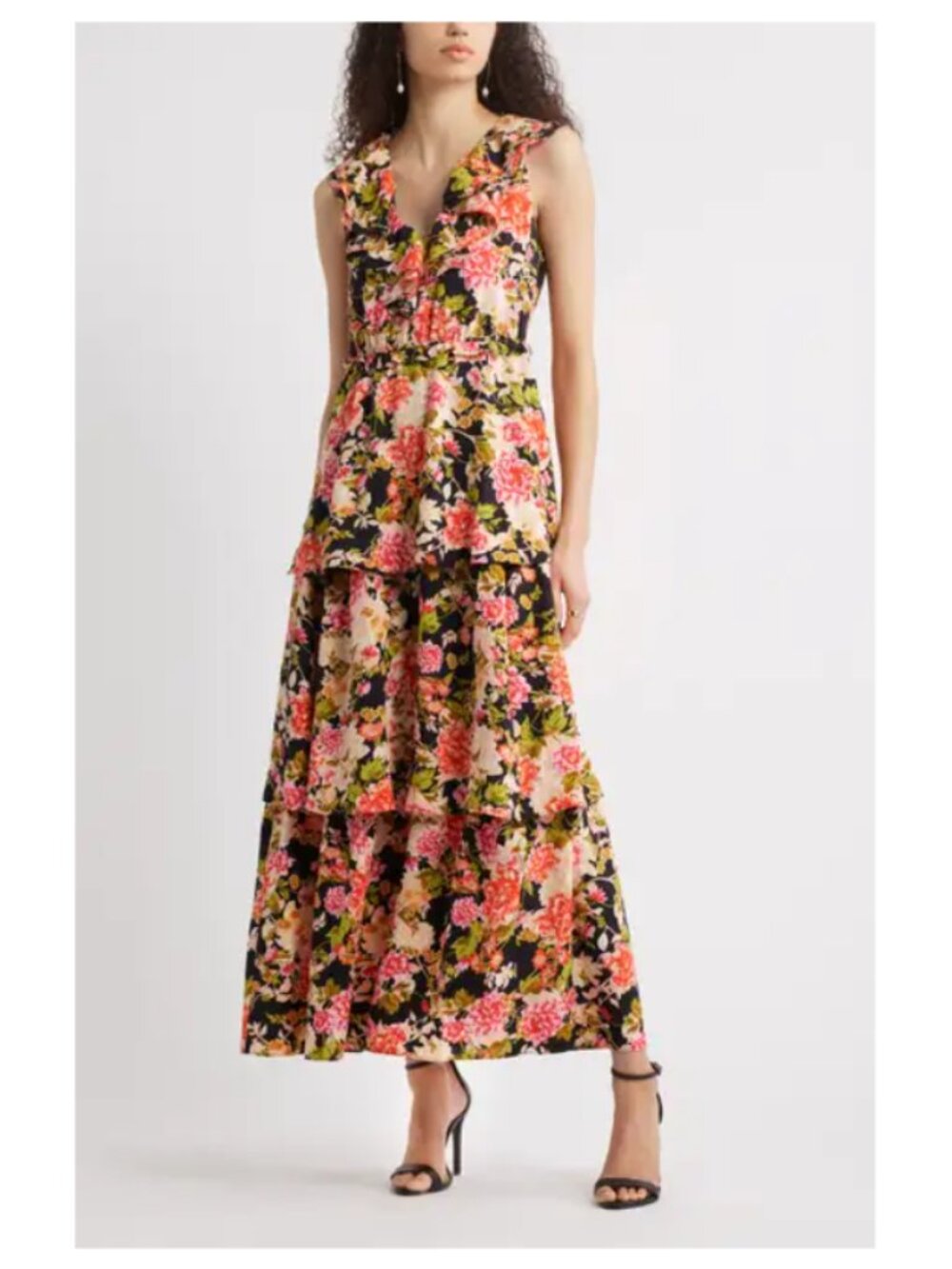 NWT Chelsea28 Black Floral V-Neck Maxi Dress with Ruffle Trim